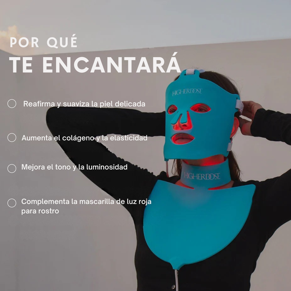 Dispositivo de luz roja para cuello que ayuda a mejorar firmeza, tono y textura de la piel. Reafirma y suaviza la piel delicada. Aumenta el colageno y la elasticidad. Mejora el tono y la luminosidad.  Complementa la mascarilla de luz roja para rostro. 