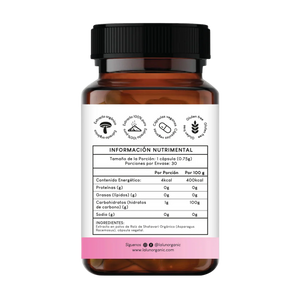 Cápsulas de Shatavari suplemento herbal utilizado para apoyar la salud hormonal y el bienestar de la mujer. Informacion nutrimental. 