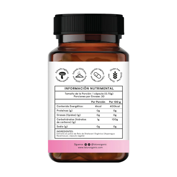 Cápsulas de Shatavari suplemento herbal utilizado para apoyar la salud hormonal y el bienestar de la mujer. Informacion nutrimental. 