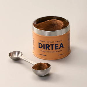 Chaga en polvo orgánico con cuchara medidora, suplemento natural para consumo diario