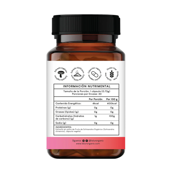 Etiqueta con información nutrimental de Schisandra, suplemento adaptógeno para equilibrio y vitalidad, disponible en México