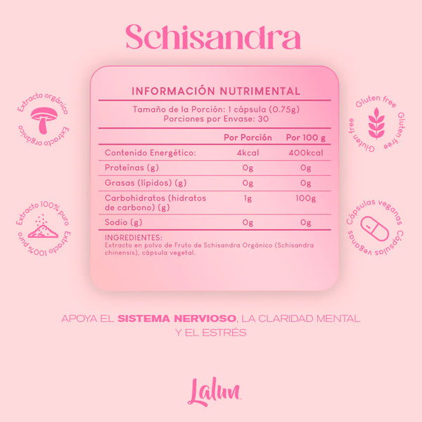 Frasco de Schisandra, suplemento natural para energía, enfoque y bienestar, disponible en México.
