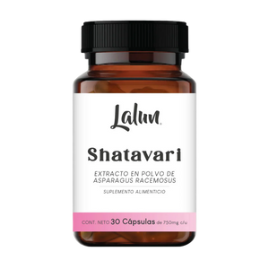 Frasco de pastillas de shatavari, suplemento natural, equilibrio hormonal, bienestar femenino, adaptógeno, disponible en Mexico. 