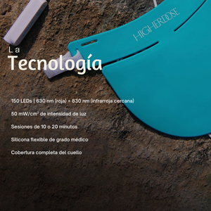 Detalle de la tecnología LED de luz roja integrada en el dispositivo para cuidado del cuello