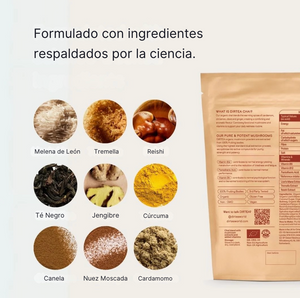 Chai DIRTEA formulado con ingredientes respaldados por la ciencia como melena de leon, tremella, reishi, tumeric, canela. 