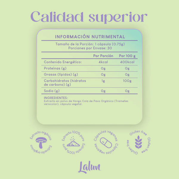 Extracto en polvo de Hongo Cola de Pavo Orgánico (Trametes versicolor), cápsula vegetal.