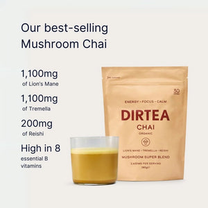 Infografía de Dirtea Chai orgánico con hongos funcionales: 1100 mg de Lion’s Mane, 1100 mg de Tremella, 200 mg de Reishi y vitaminas B esenciales.