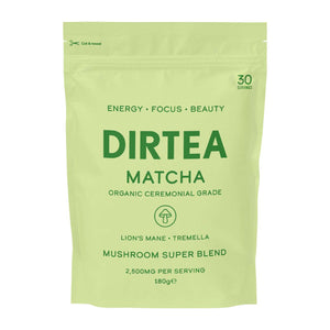 Bolsa de matcha orgánico grado ceremonial Dirtea, mushroom super blend con melena de leon y tremella.