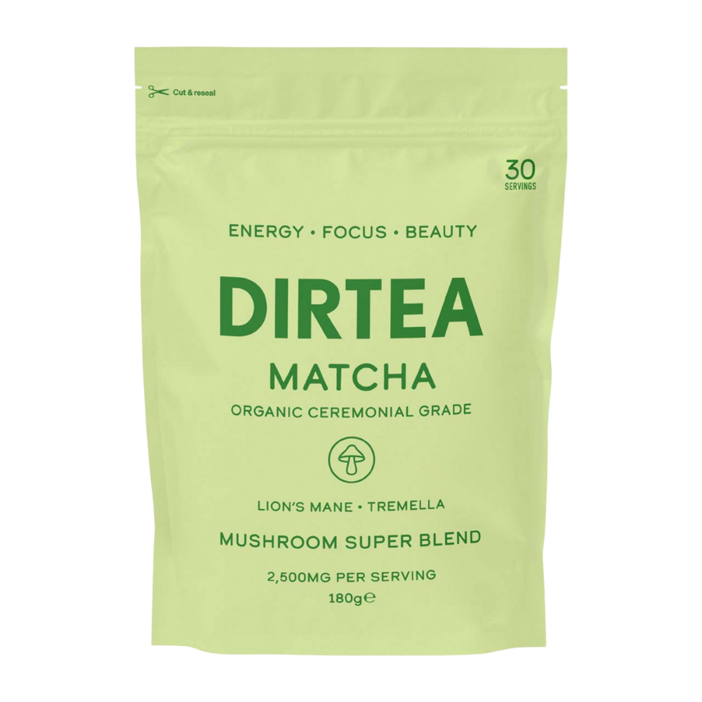 Bolsa de matcha orgánico grado ceremonial Dirtea, mushroom super blend con melena de leon y tremella.