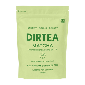 Bolsa de matcha orgánico grado ceremonial Dirtea, mushroom super blend con melena de leon y tremella.