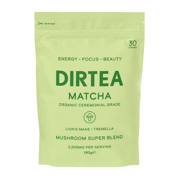 Bolsa de matcha orgánico grado ceremonial Dirtea, mushroom super blend con melena de leon y tremella.