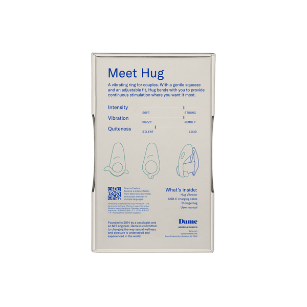 Vista trasera del empaque del anillo vibrador Hug con información del producto