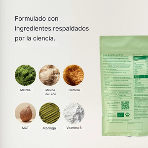 Ingredientes del matcha funcional Dirtea: matcha, melena de león, tremella, MCT, moringa y vitaminas del complejo B