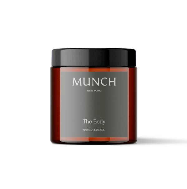 Exfoliante corporal natural MUNCH The Body en frasco ámbar, body scrub hidratante para piel suave y luminosa