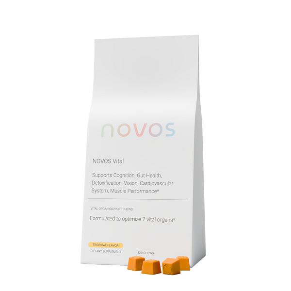 Suplemento NOVOS Vital en formato chew diario para energía, claridad mental, metabolismo y digestión, disponible en México en Amani tienda wellness