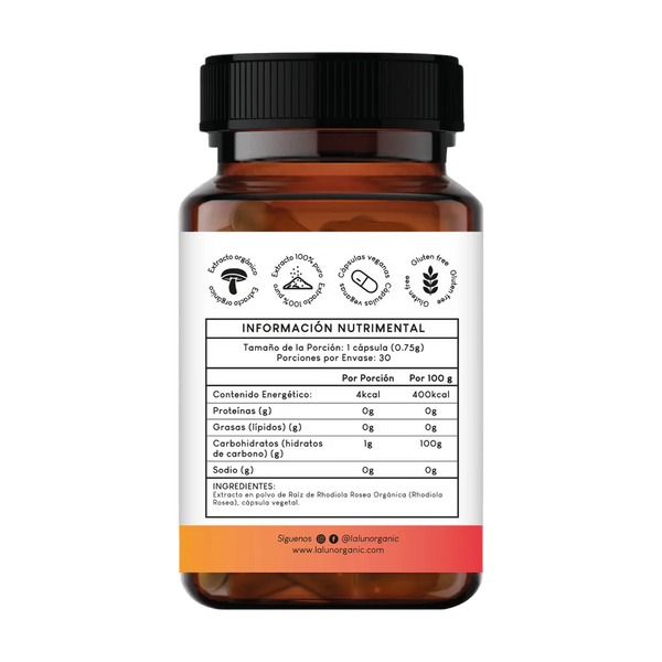Suplemento Rhodiola Rosea en capsulas para apoyar energia enfoque y manejo del estres.